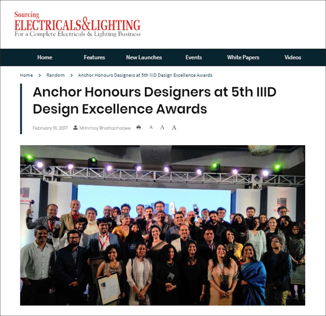 Anchor Honours Designers at 5th IIID Design Excellence Awards, Sourcing Electricals and Lighting - February 2017